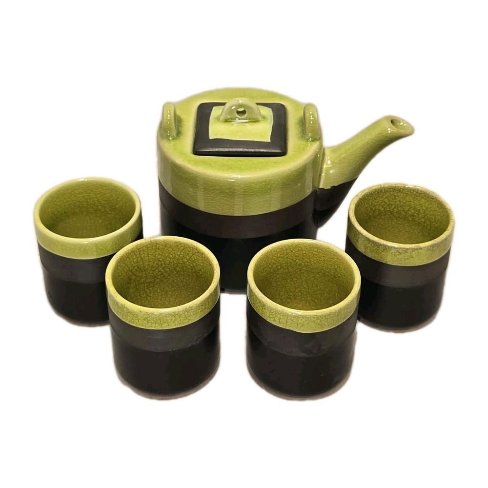 Vintage Ceramic Teapot Set Green Black 5pc GUC Mid Century‎ Modern 🍵✨